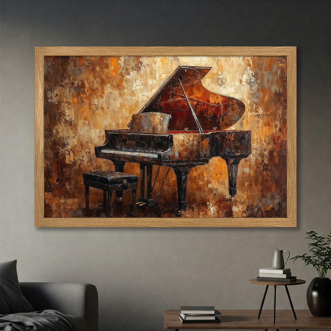 Framed Poster featuring a grand piano in an impressionistic style with a warm brown and orange color palette. Perfect wall art!