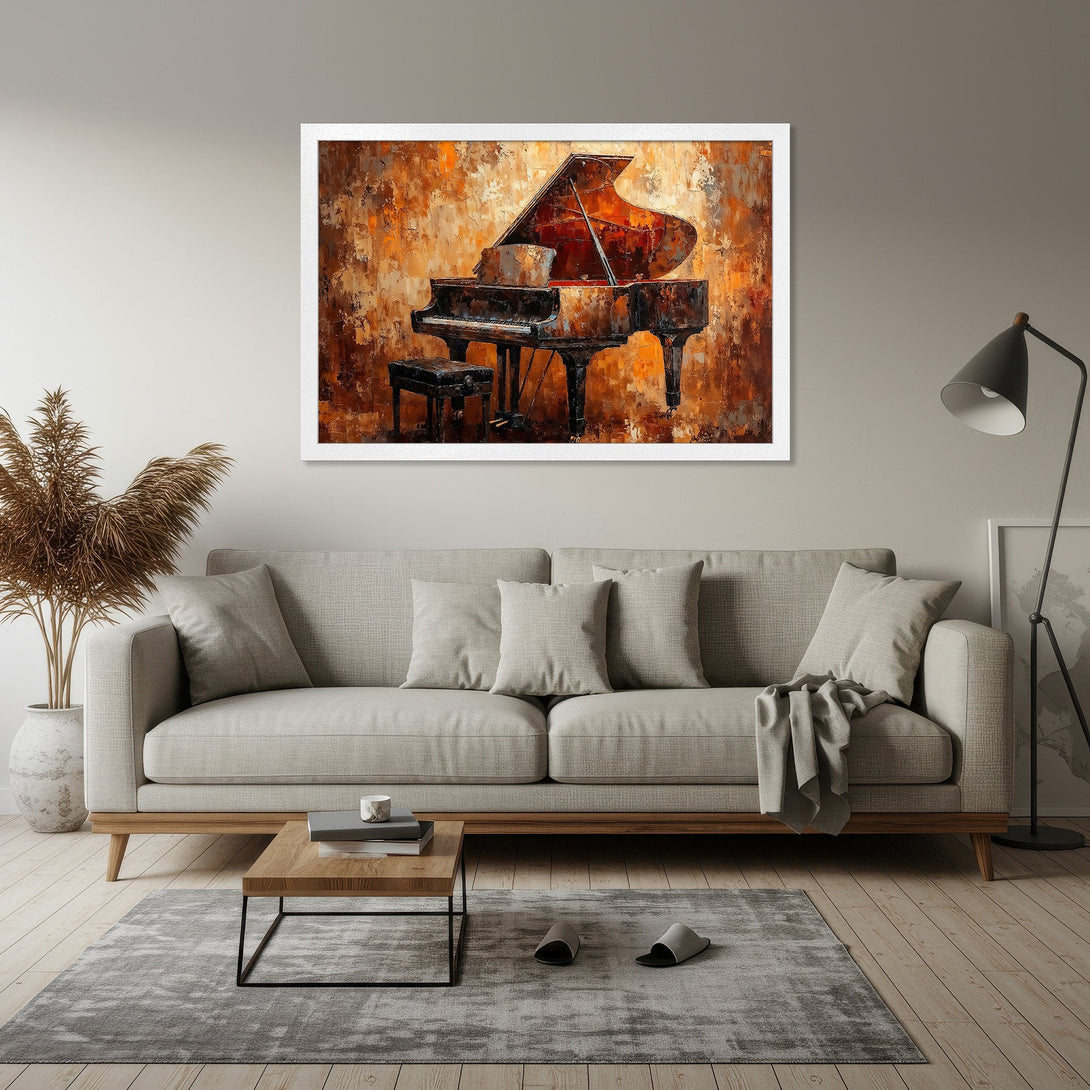 Framed Poster featuring an abstract piano painting in warm brown and orange tones, perfect for adding a touch of elegance to your decor.