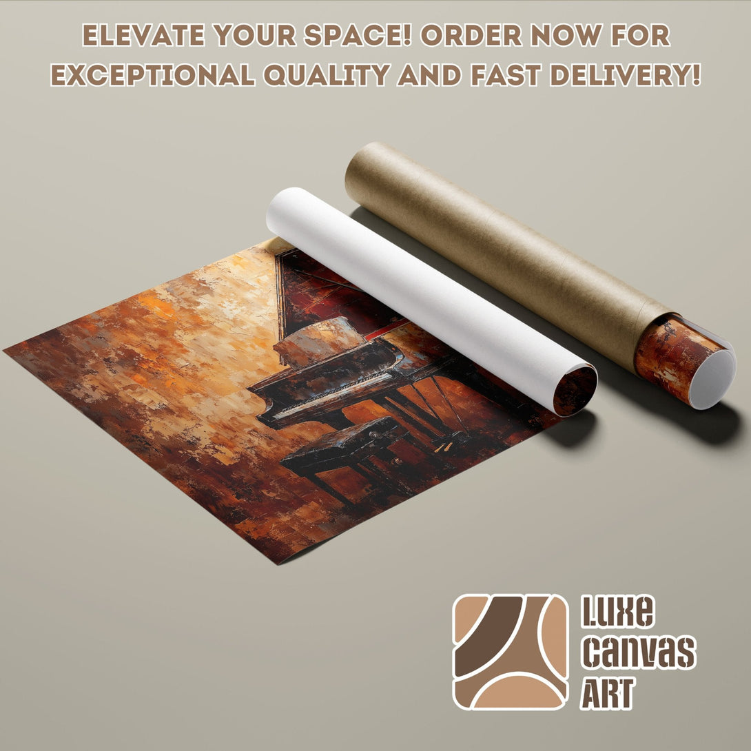 Piano Poster Roll in warm brown tones. Elevate your space with art! Order today!
