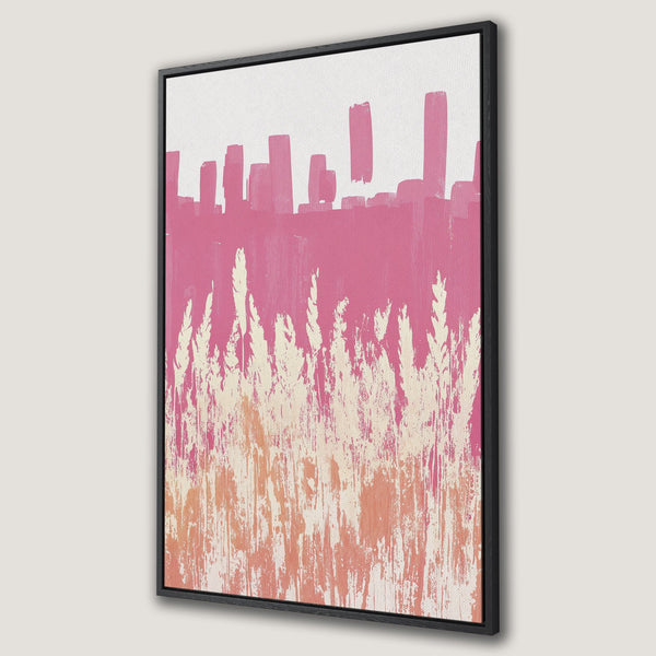 Framed Wall Art featuring an abstract pink and peach landscape. Modern Canvas Print with a minimalist style, perfect for adding color to any room.