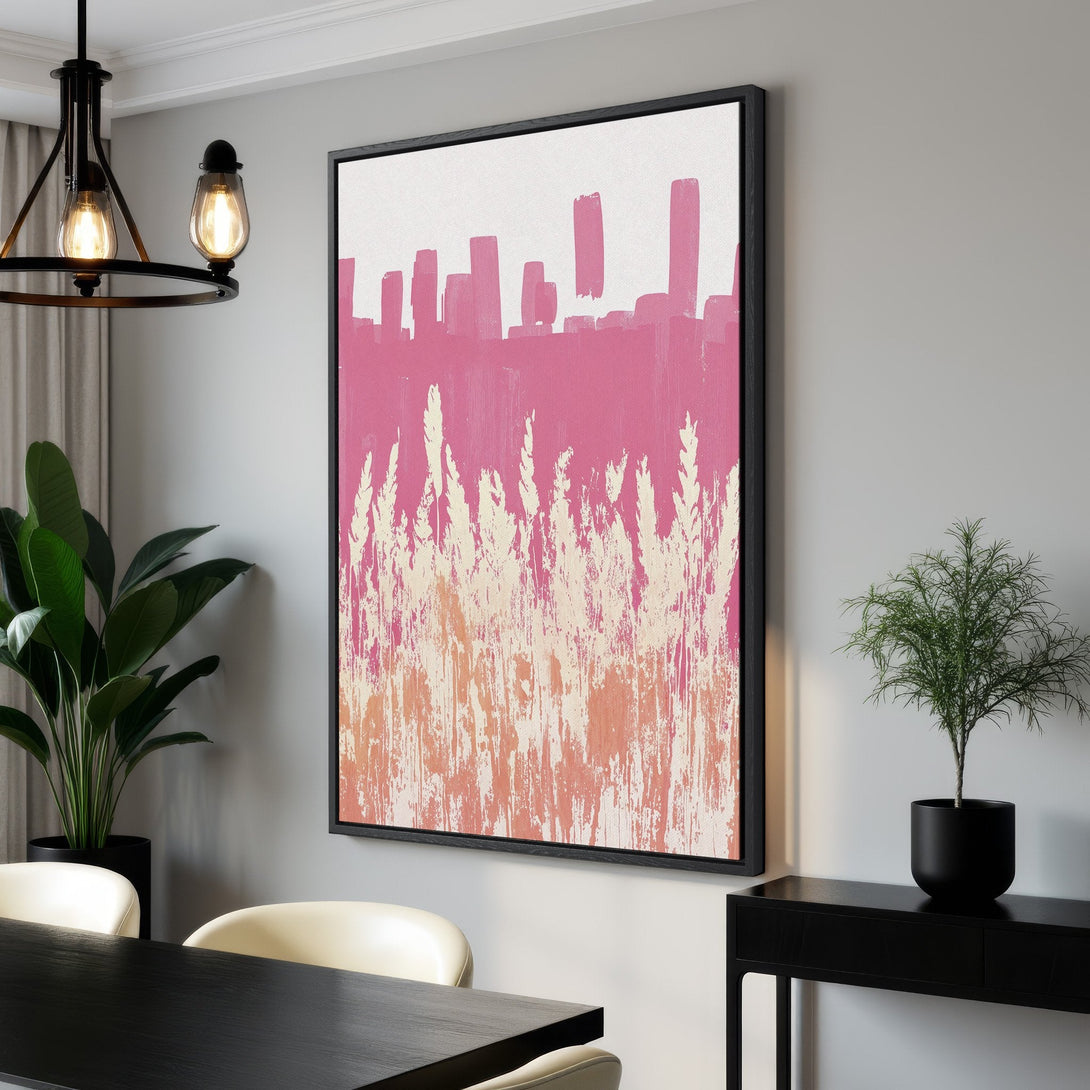 Framed Wall Art featuring an abstract pink and white landscape painting. Modern art canvas print in a stylish interior, perfect for home decor.