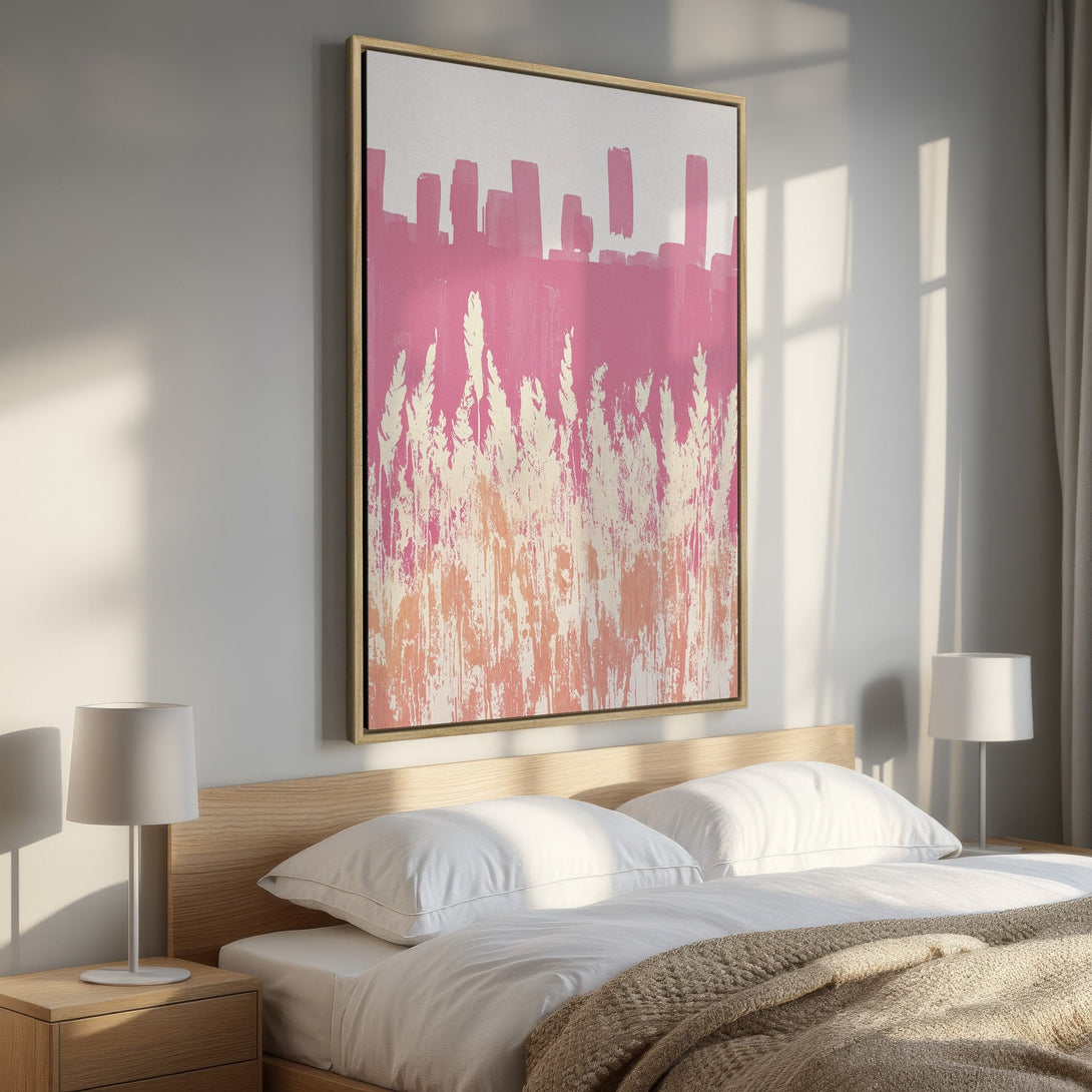 Framed Wall Art: Abstract pink and peach brushstroke painting. Modern art canvas print adds a pop of color to bedroom decor. Shop now!