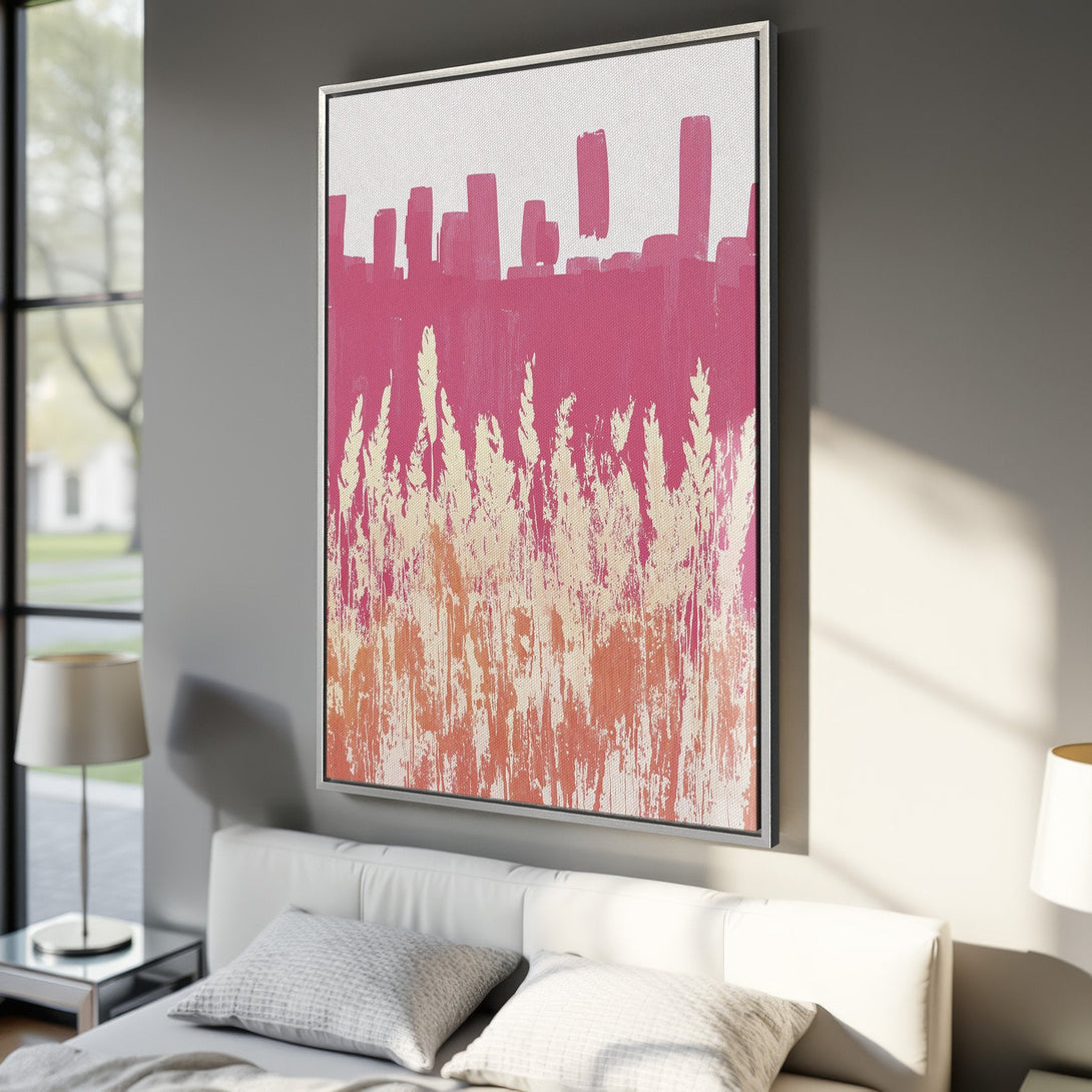 Framed Wall Art: Abstract landscape Canvas Print in pink, peach, and cream tones. Modern art for bedroom decor.