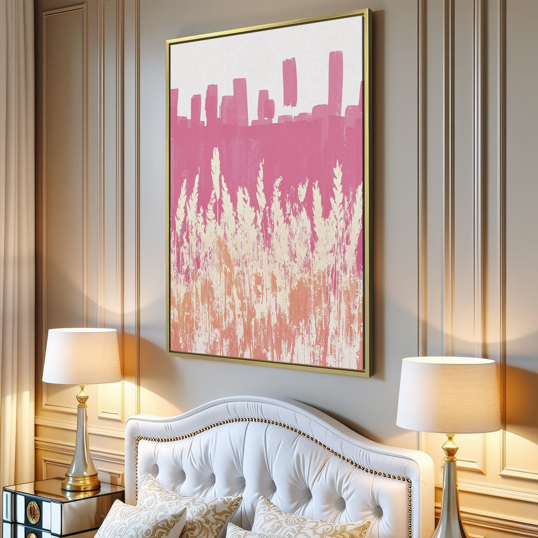 Abstract Canvas Print in pink and peach tones, displayed in a modern living room. Perfect wall art to elevate your space.