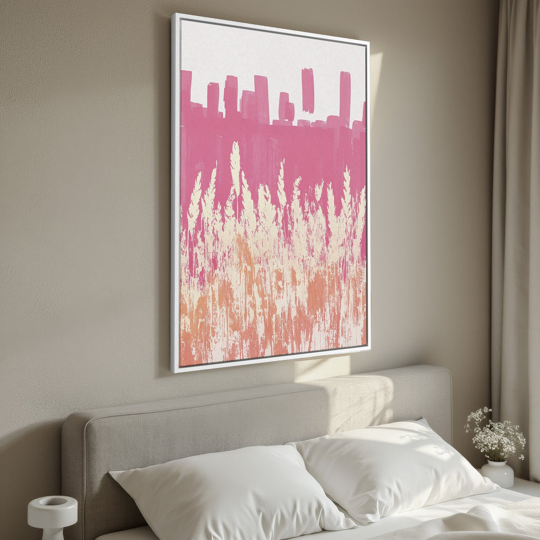 Framed Wall Art: Abstract pink and cream artwork in a bedroom. Modern canvas print with a floral-inspired design, perfect for adding warmth and style.