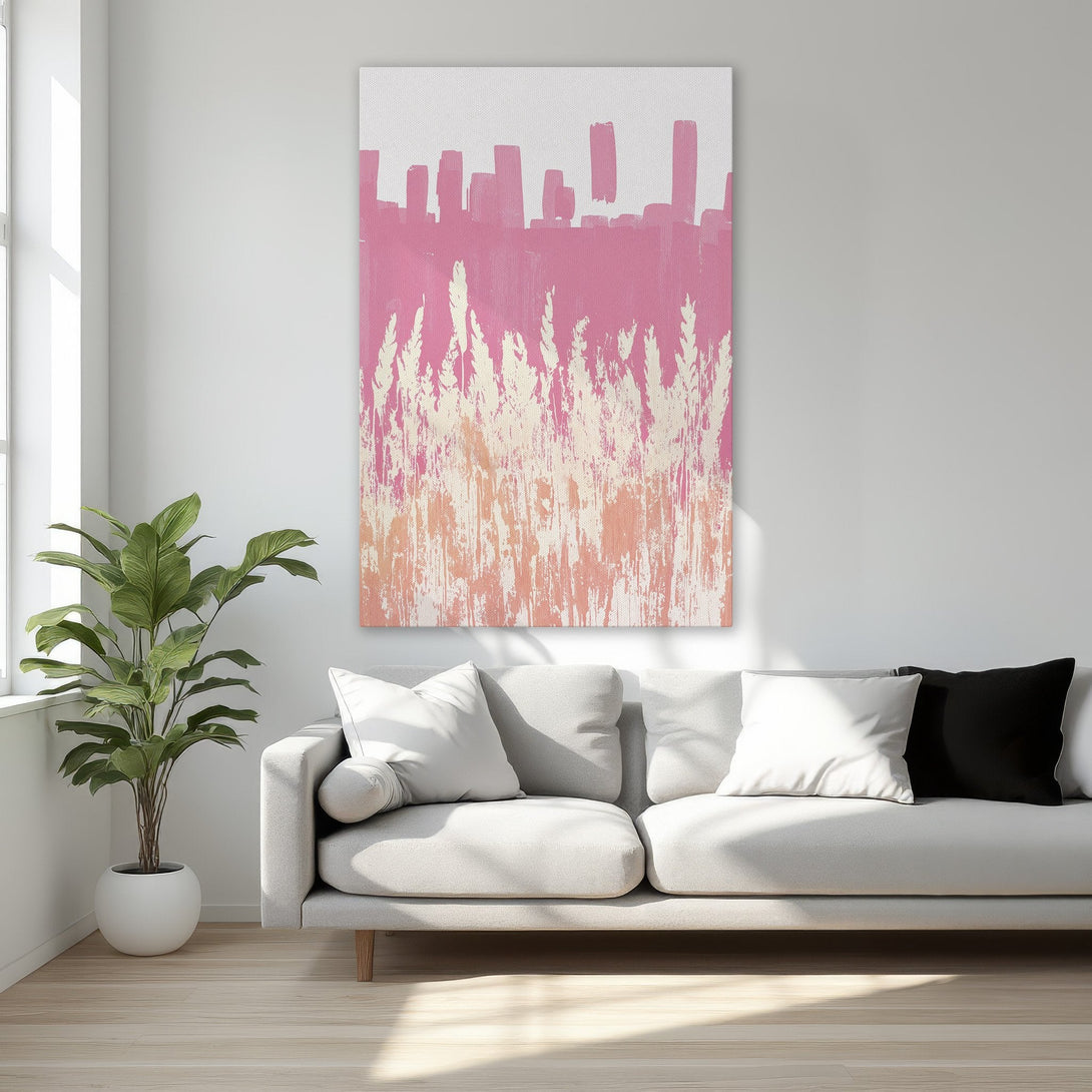 Framed Wall Art: Abstract pink and cream canvas print. Modern art with a cityscape-inspired design, perfect for bedroom decor. Adds a touch of elegance.