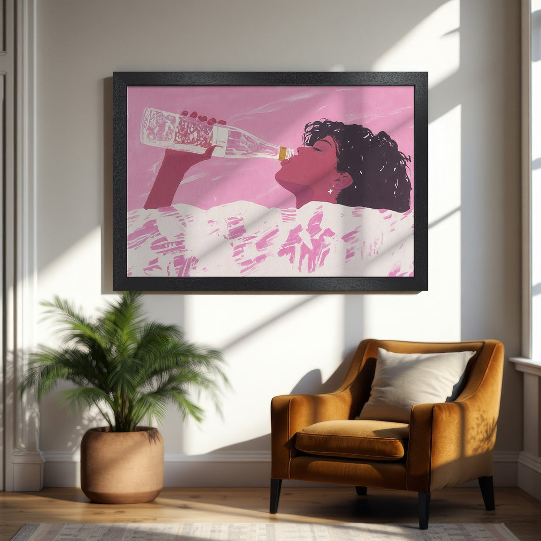 Framed Poster featuring a woman drinking, pop art style, with a pink and white color palette. Perfect wall art for any room!