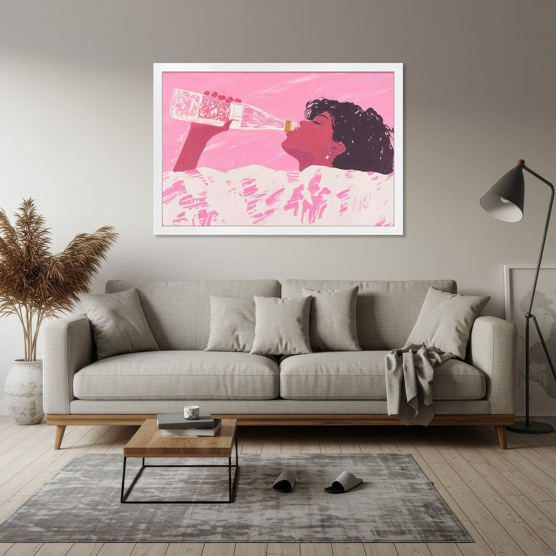 Framed Poster featuring a woman drinking from a bottle, in a stylish, pink and white color palette. Perfect wall art for your home!