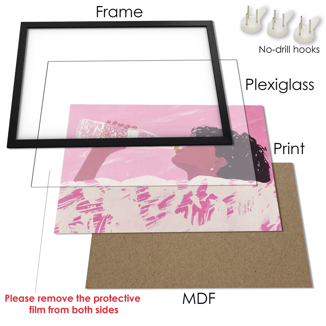 Framed Poster featuring a woman in a pink art print. Modern style, pink, and neutral color palette. Perfect wall art for your home!