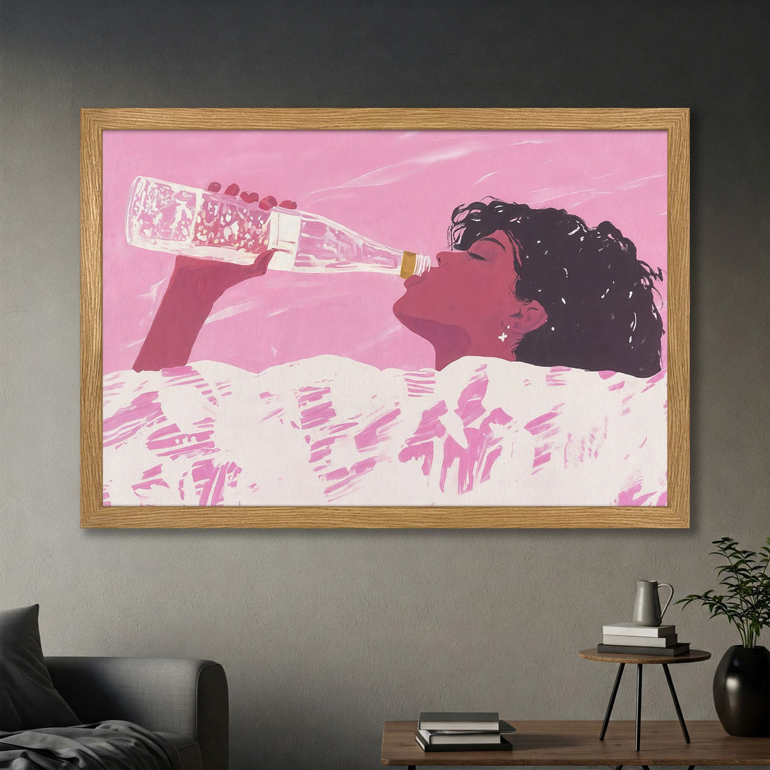 Framed Poster of a woman drinking, pop art style, pink and white color palette, perfect wall art for your home.