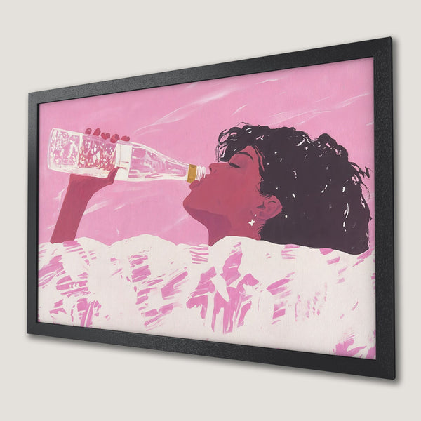 Framed Poster: Woman drinking, pop art style, pink and white color palette. Perfect wall art for your home.