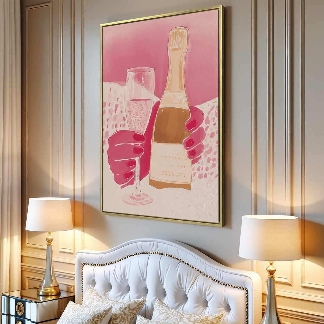 Canvas Print of a champagne toast in a pink and gold watercolor style, perfect for adding a touch of elegance to any room.