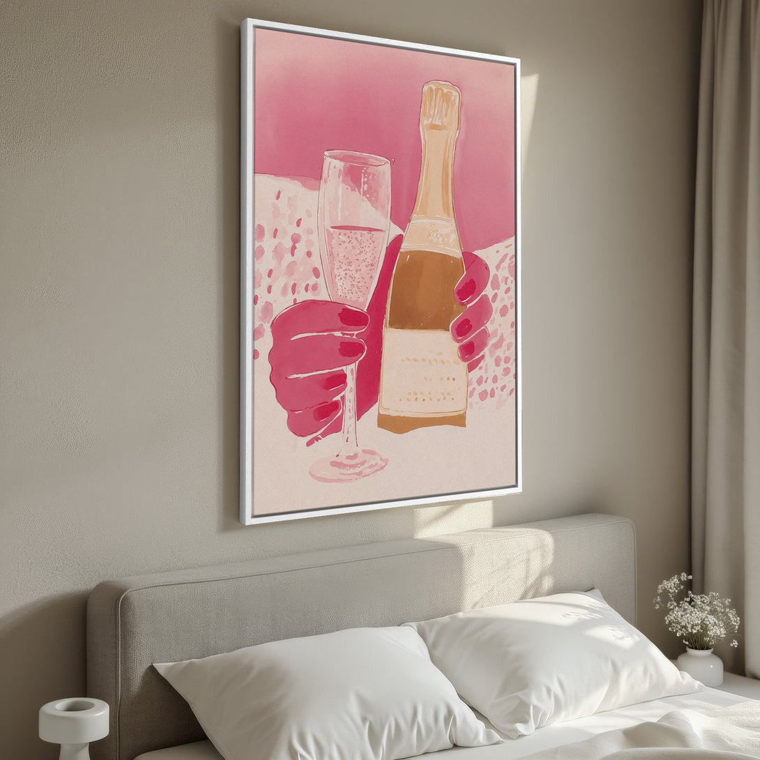 Framed Wall Art: Champagne bottle & glass in a modern watercolor style. Pink & gold color palette. Perfect for home decor & adding a touch of elegance.