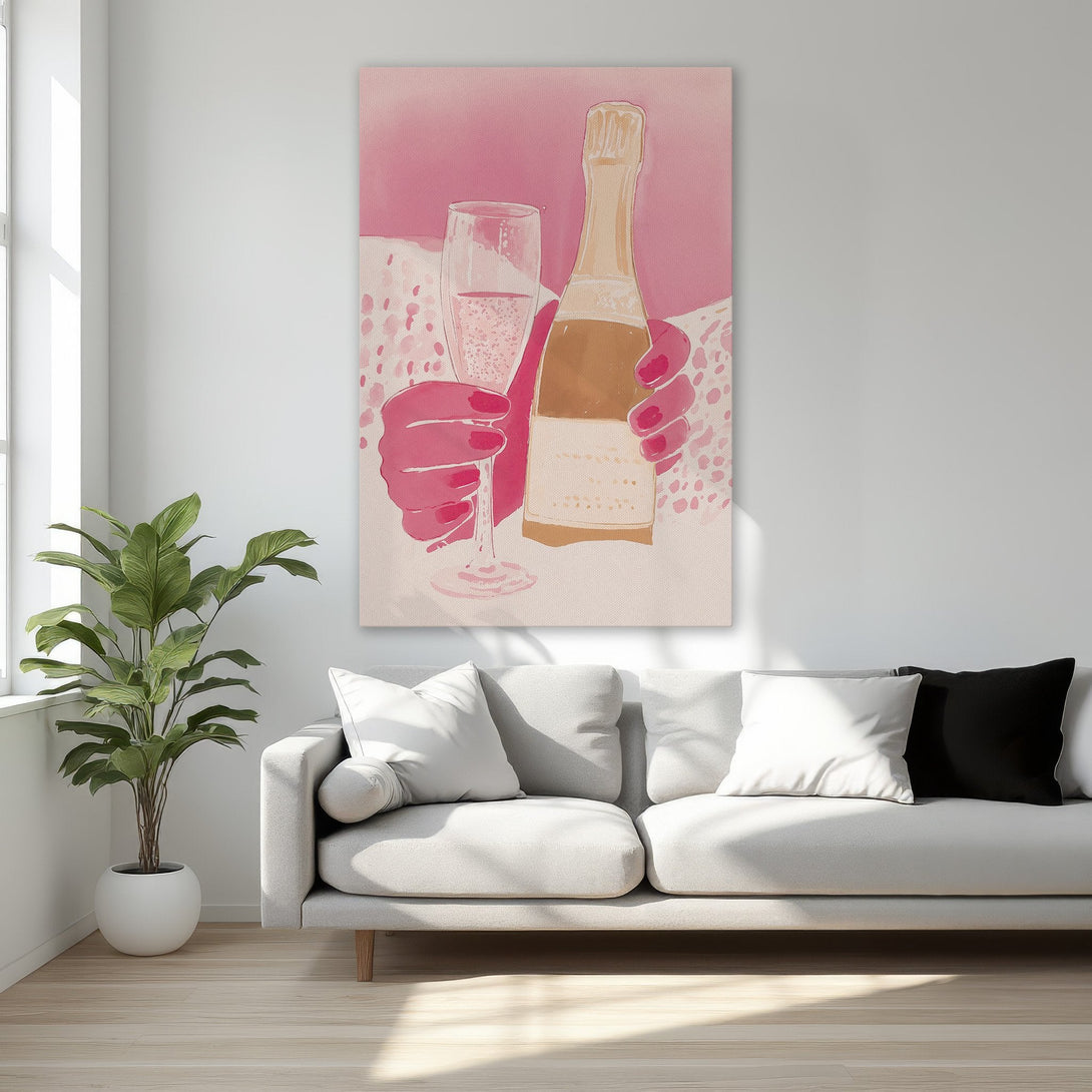 Framed Wall Art: Champagne bottle & glass in pink watercolor style. Perfect for adding a touch of elegance and color to your bedroom decor.