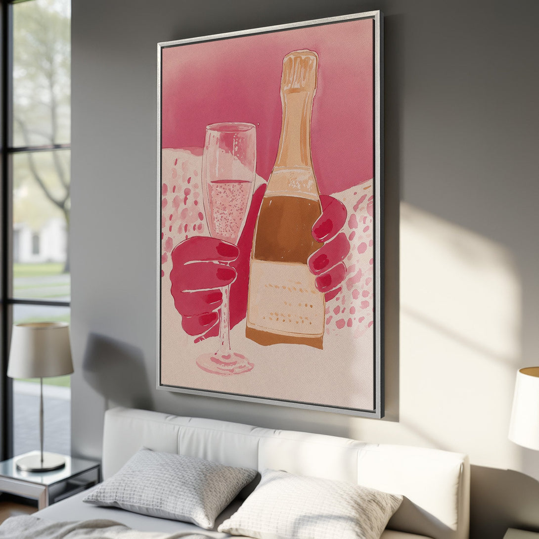 Framed Wall Art: Abstract art print of champagne bottle and glass in pink and beige tones. Stylish wall decor for a modern interior.