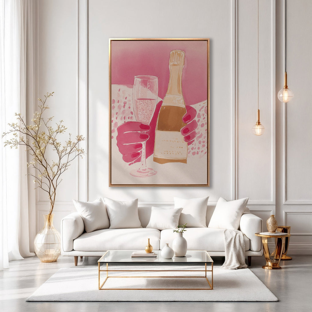 Framed Wall Art: Champagne celebration in pink & gold. Modern abstract Canvas Print adds a touch of elegance to any interior space. Shop now!