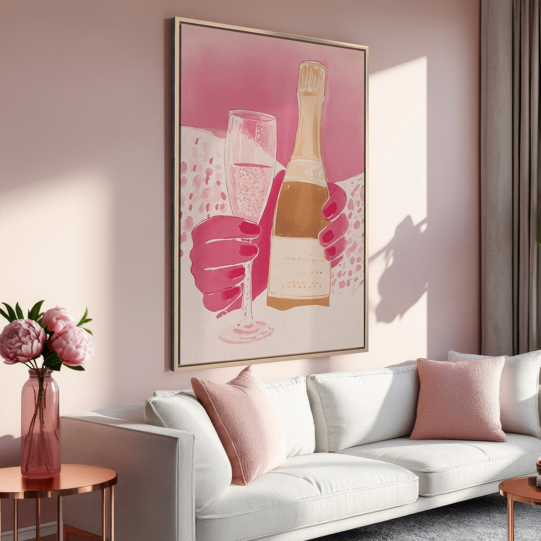 Framed Wall Art: Champagne toast illustration in a pink and gold color palette. Modern, stylish wall decor for a chic interior.