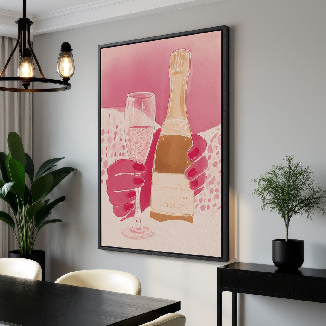 Framed Wall Art: Watercolor champagne bottle and glass print in pink and beige tones. Perfect for adding a touch of elegance to your dining room!