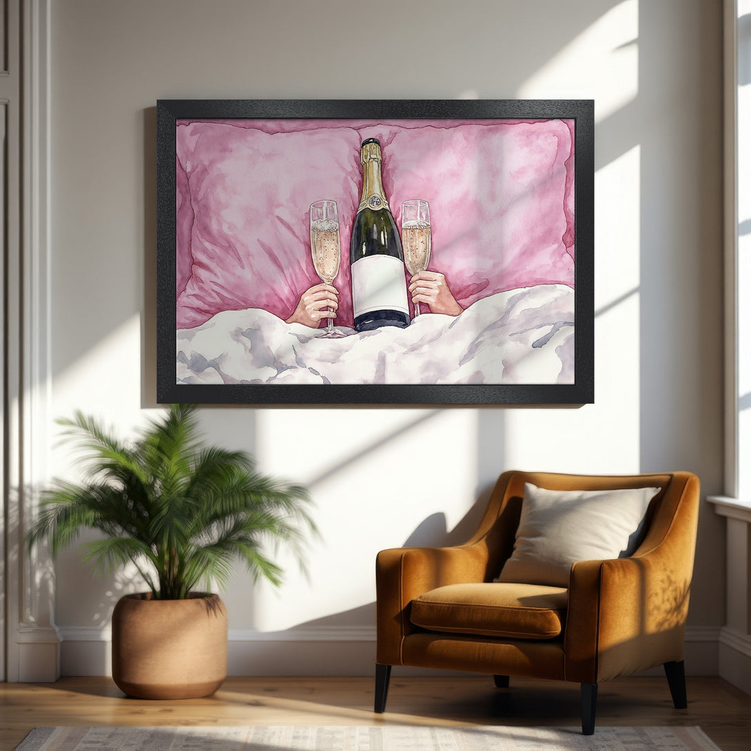 Framed Poster featuring a watercolor champagne celebration in pink tones. Perfect wall art for home decor.