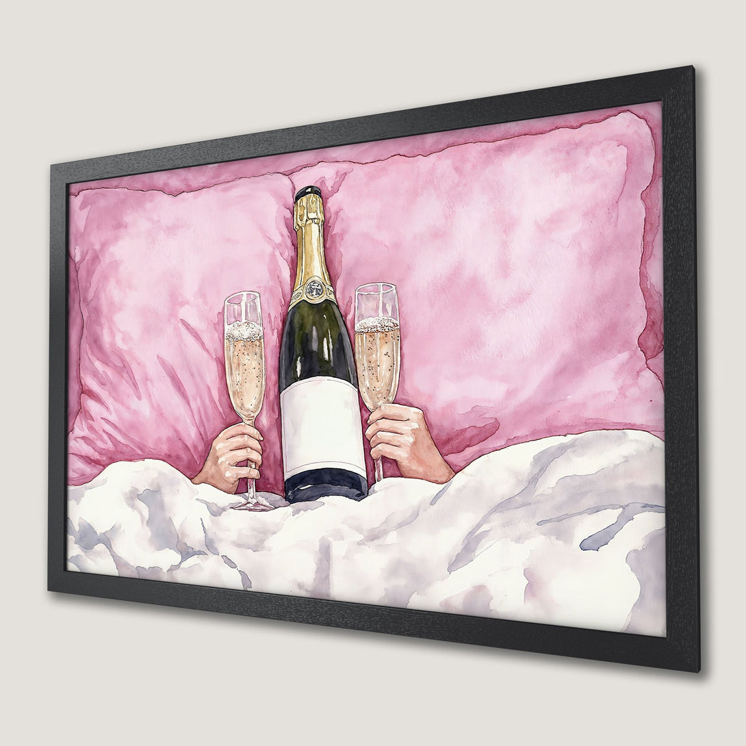 Framed Poster: Watercolor art of champagne in bed, featuring pink & gold tones. Perfect wall art for a touch of luxury!