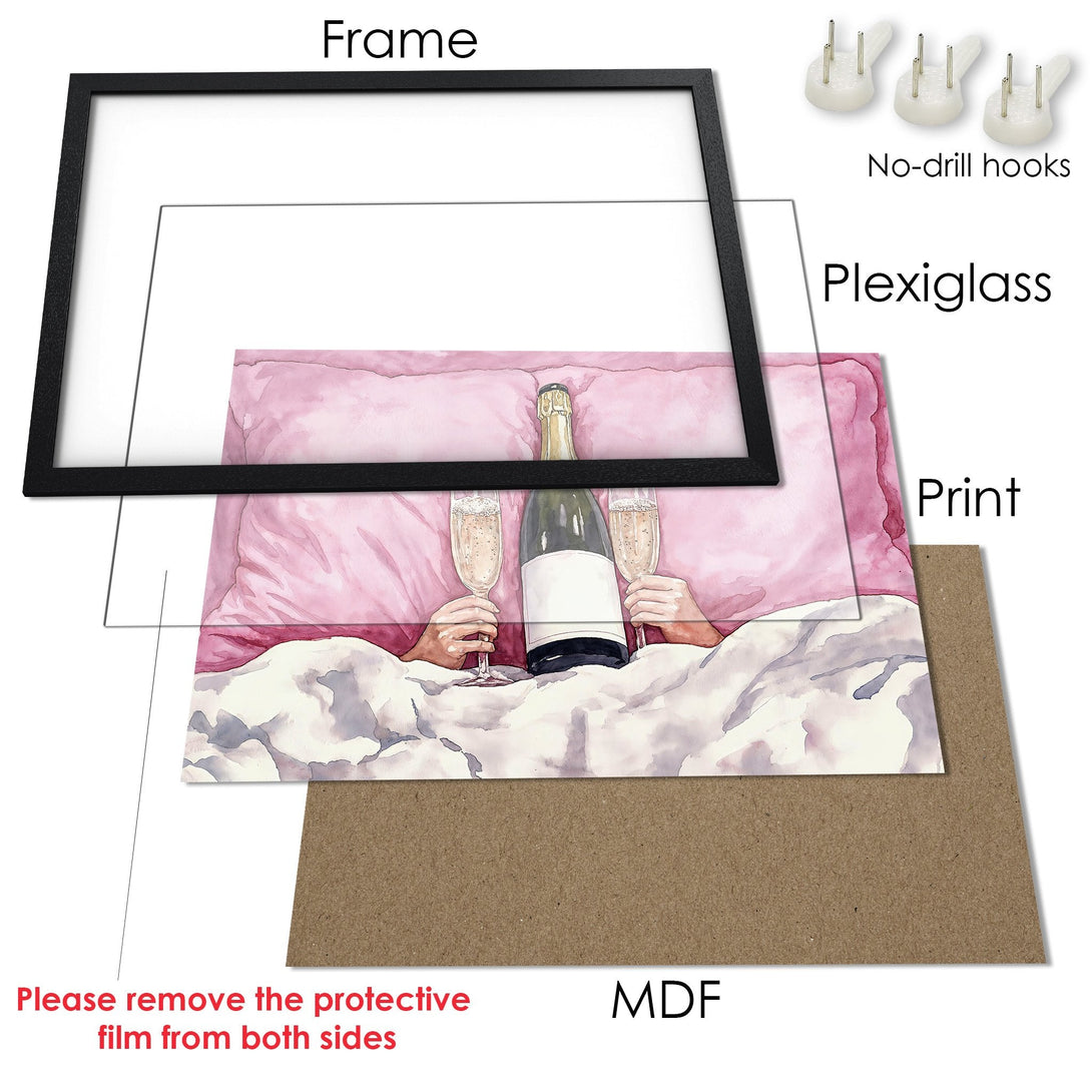 Framed Poster featuring champagne and a pink watercolor style. Perfect wall art for a touch of elegance.