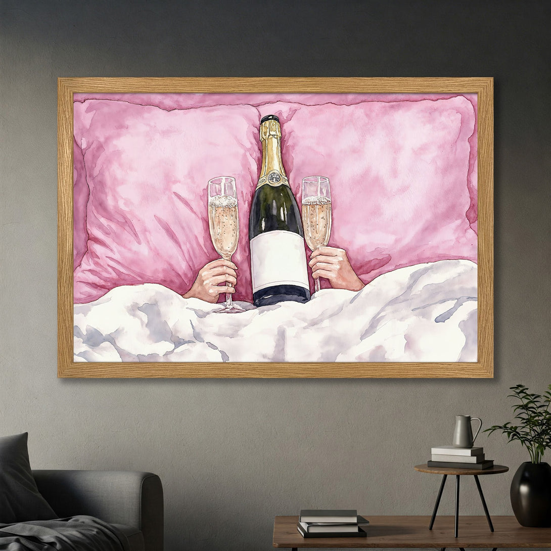 Framed Poster of champagne in bed, watercolor style, pink and gold color palette. Perfect wall art for a touch of luxury.