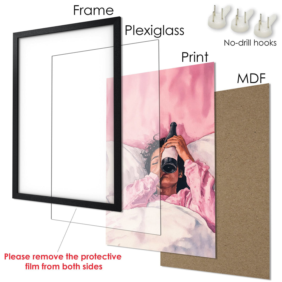 Framed Poster featuring a woman with a bottle, watercolor style, pink palette. Perfect wall art!