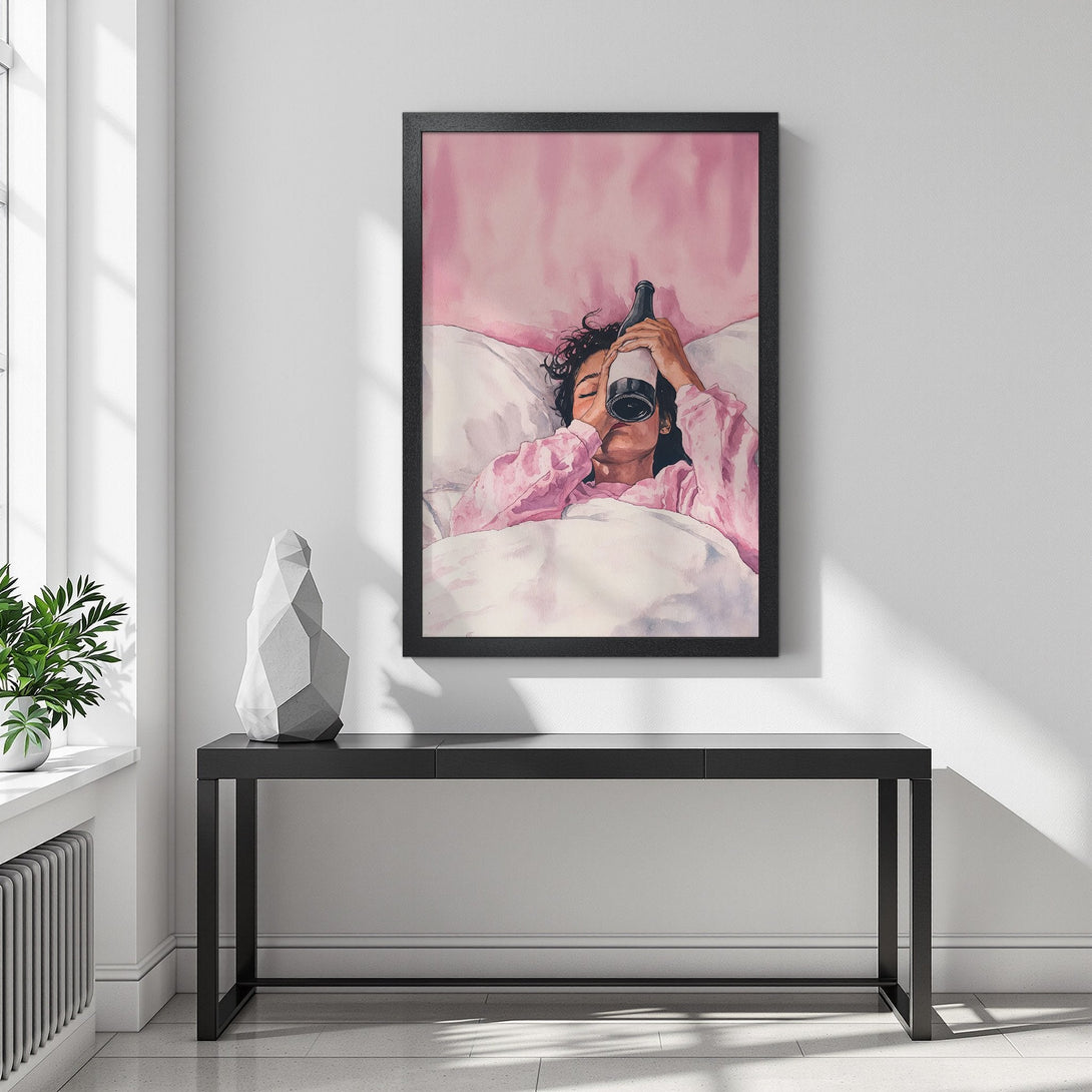 Framed Poster of woman drinking from a bottle, watercolor style, pink and white color palette, perfect for bedroom decor.