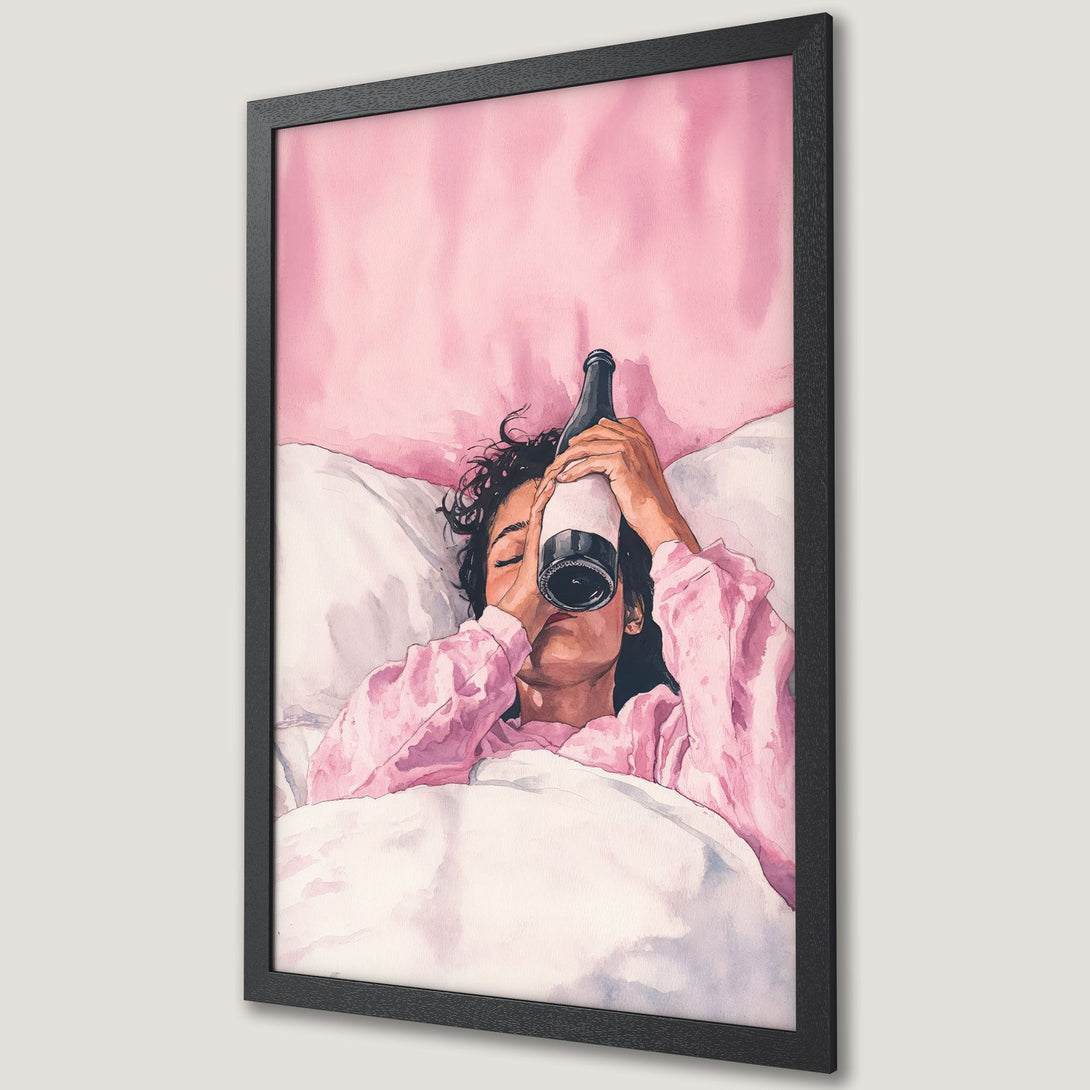 Framed Poster featuring a woman with a bottle, watercolor style, pink palette. Perfect art for your bedroom!