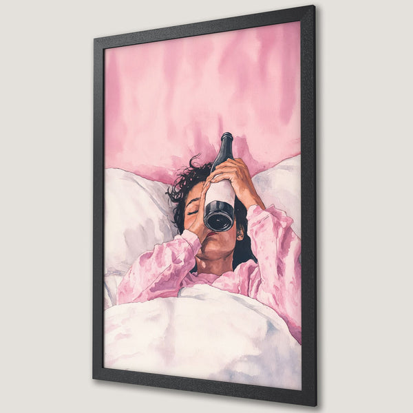Framed Poster featuring a woman with a bottle, watercolor style, pink palette. Perfect art for your bedroom!