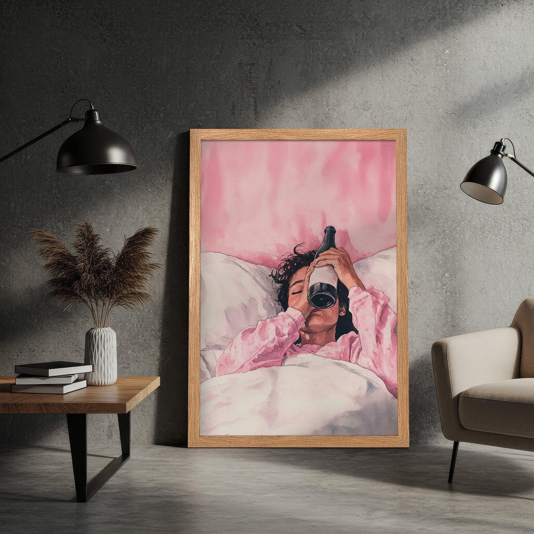 Framed Poster featuring a woman drinking from a bottle, watercolor style, pink & neutral color palette. Perfect wall art!