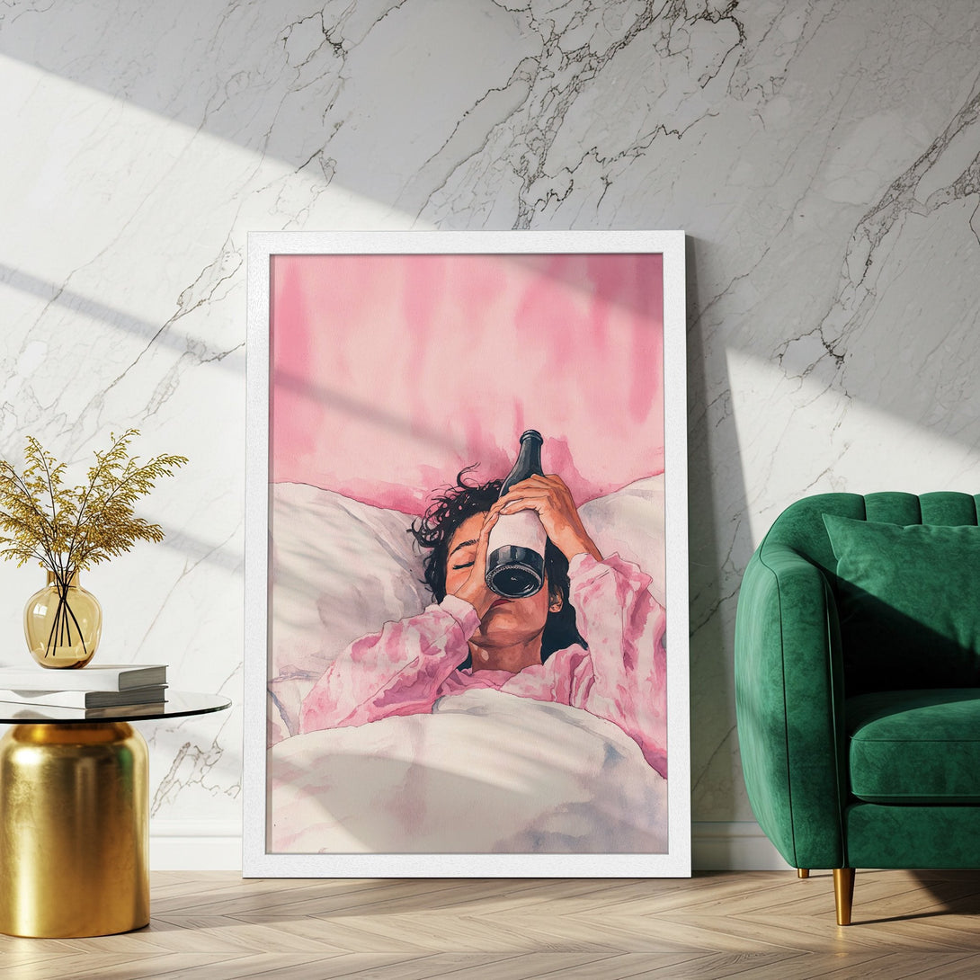 Framed Poster featuring a watercolor illustration of a woman with a wine bottle. Pink and white color palette, perfect wall art for your home.