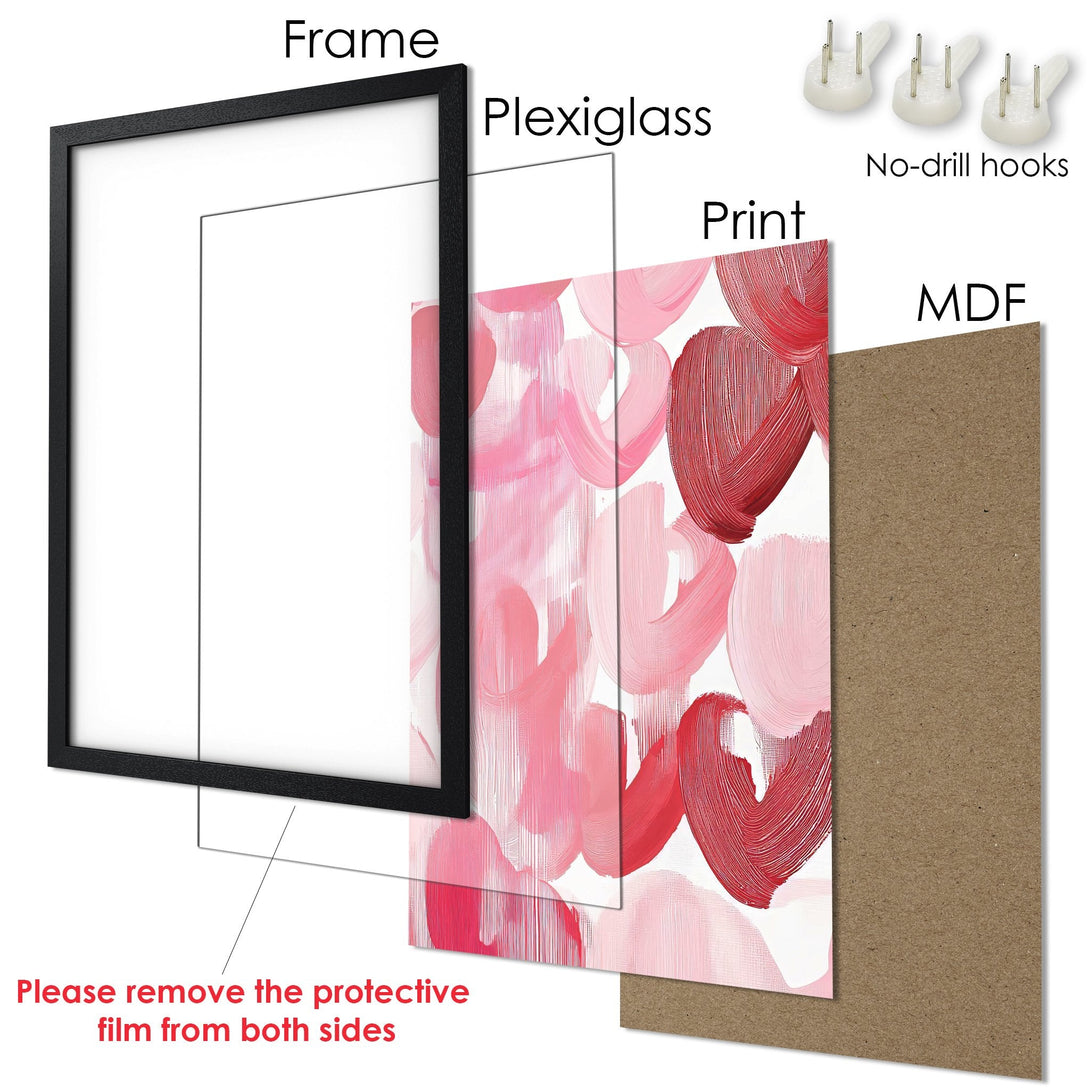 Framed Poster with abstract brushstroke art in a pink and red color palette. Perfect wall decor!