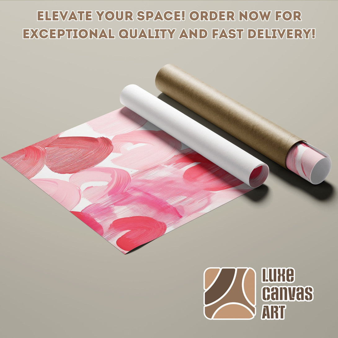 Abstract art poster roll with pink and red brushstrokes. Modern wall art.