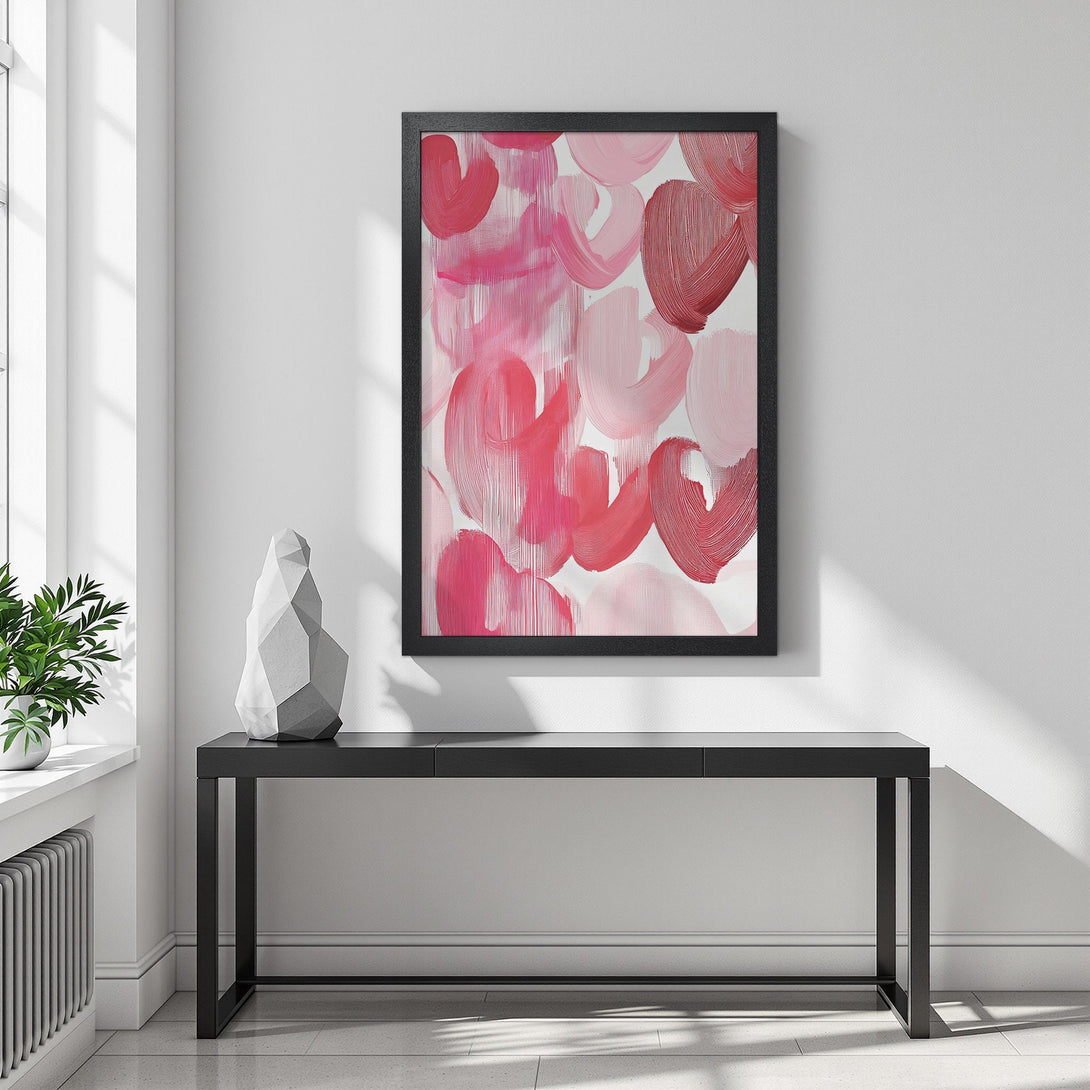 Framed Poster featuring abstract brushstrokes in pink and red hues. Modern art style, perfect for adding a pop of color to any space.