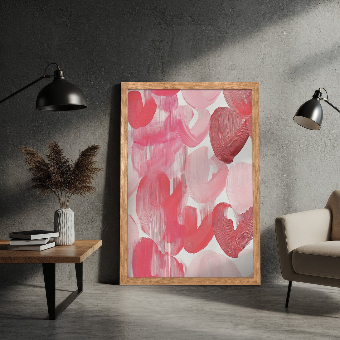 Framed Poster with abstract brushstroke art in shades of pink and red. Modern art style, perfect for home decor.