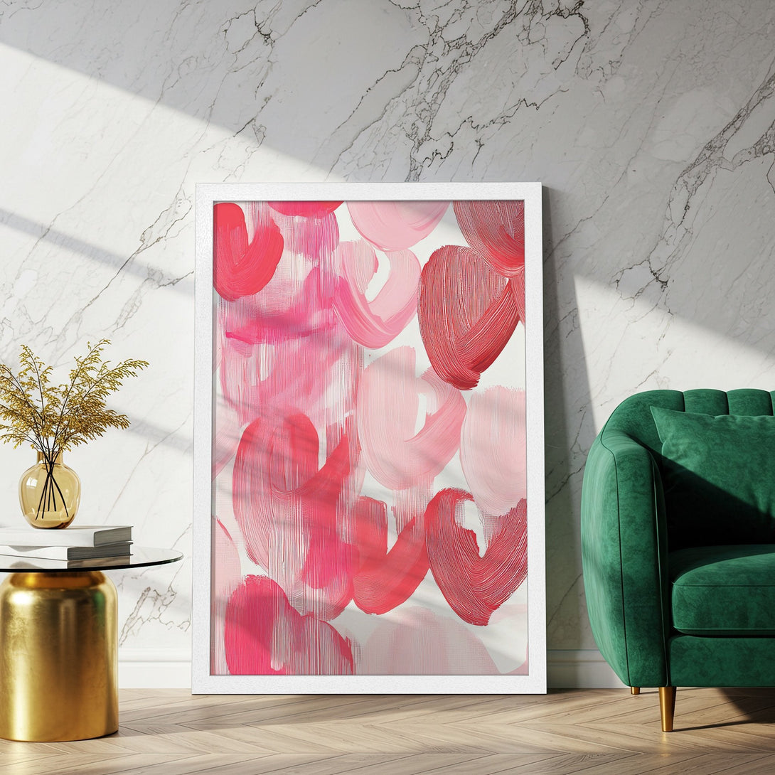 Framed Poster featuring abstract brushstrokes in shades of pink and red. Modern art for your home decor.
