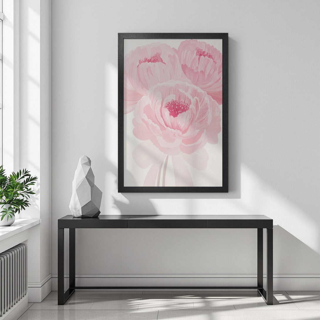 Framed Poster featuring delicate pink peony flowers art. Modern style, soft color palette perfect for home decor.