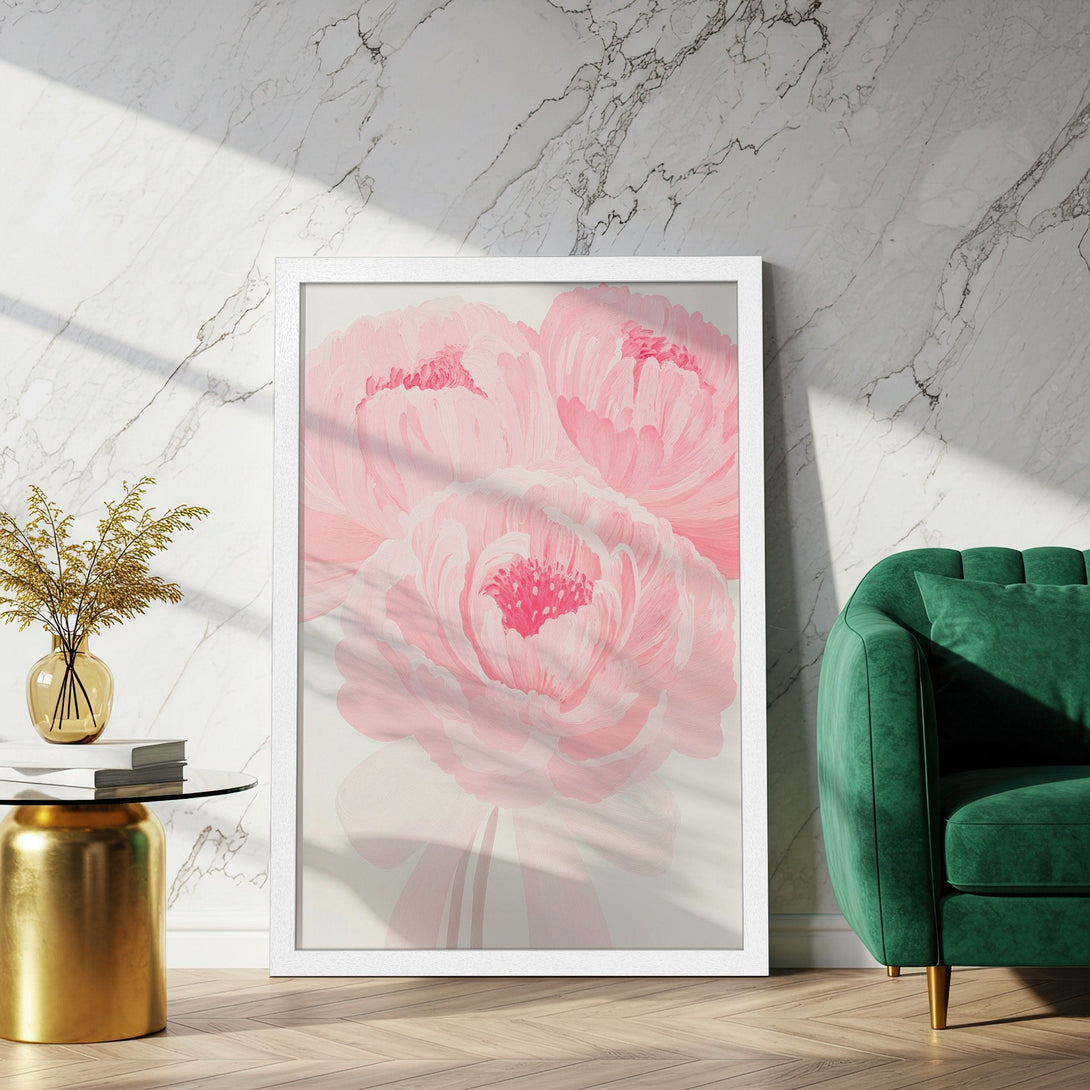 Framed Poster featuring pink peony flowers, perfect for adding a touch of elegance to your home decor. Soft, pastel color palette.