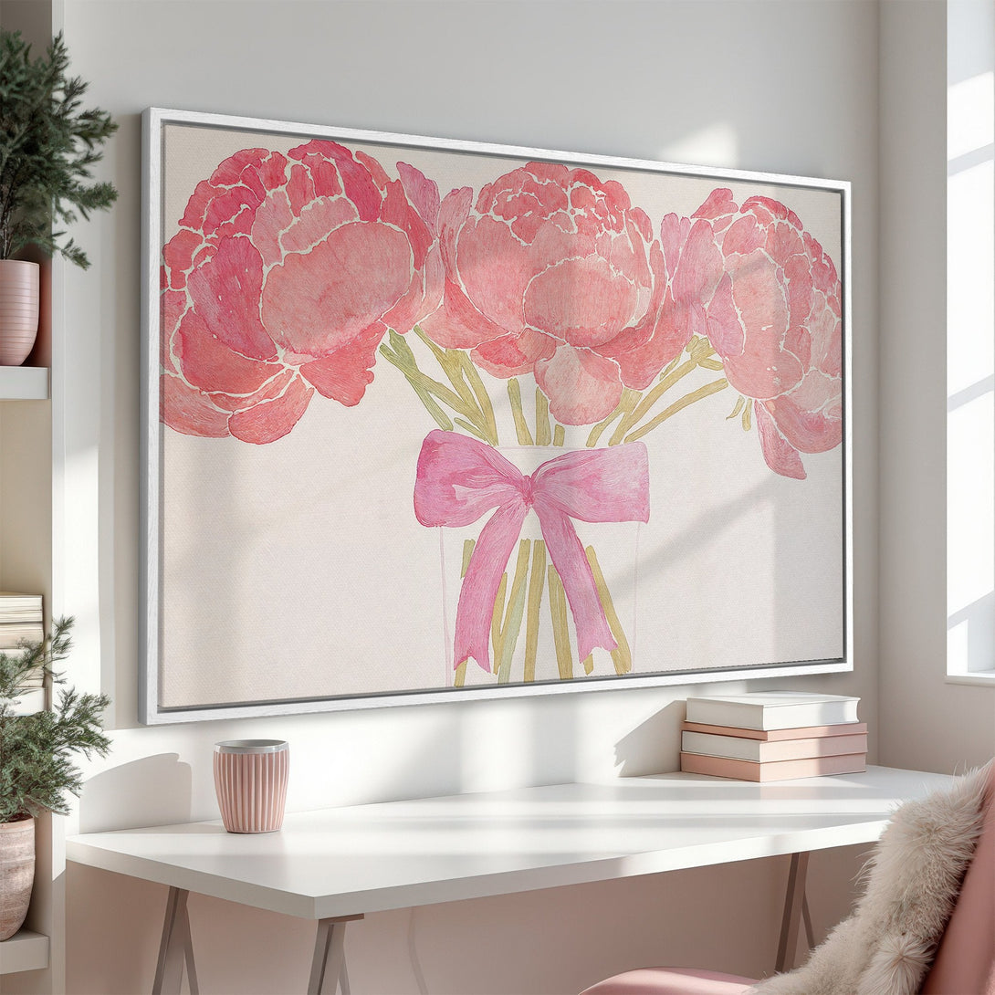 Canvas Print of watercolor peonies in pink hues, displayed in a bright interior. Perfect floral wall art for a feminine touch.