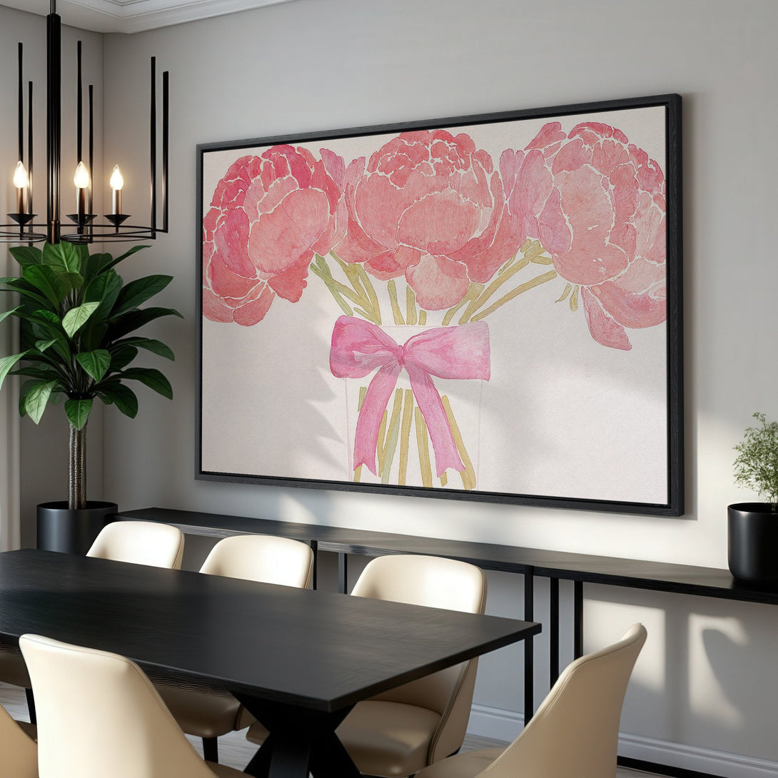 Framed Wall Art featuring watercolor peonies in pink hues. Perfect for adding a touch of floral elegance to your dining room.