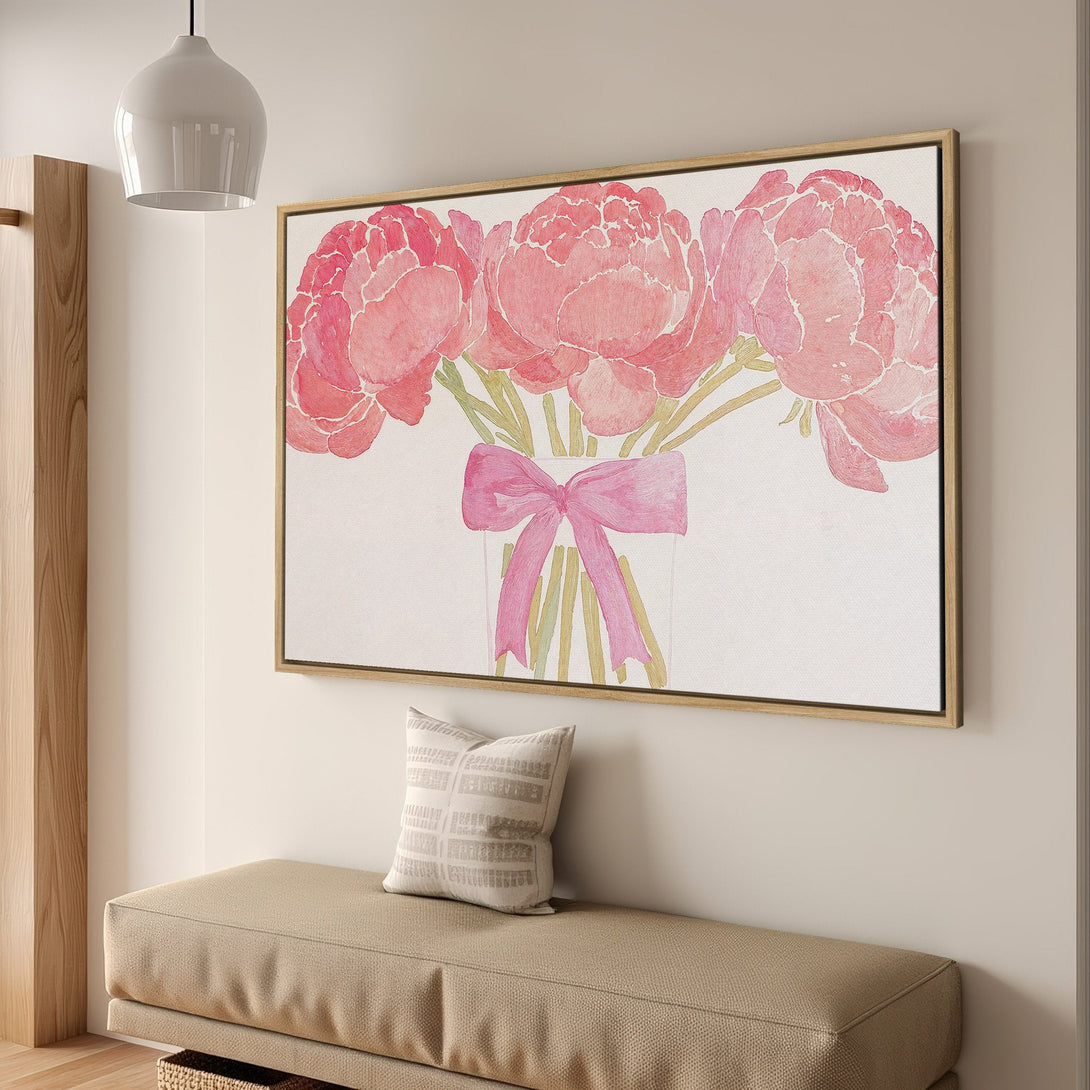 Framed Wall Art: Watercolor peonies in pink, elegant botanical art for home decor. Soft pink palette adds a touch of floral beauty.