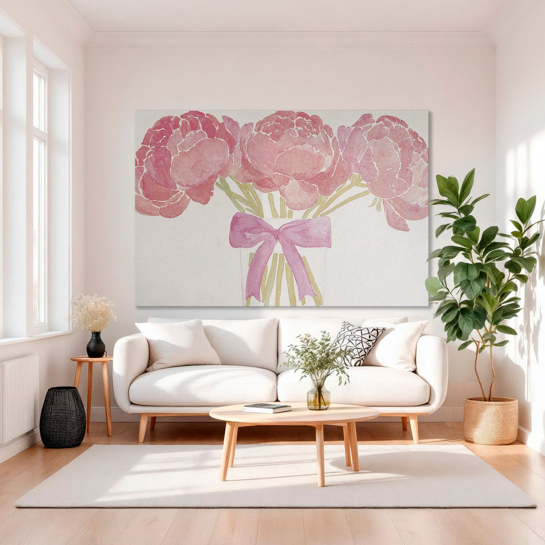 Framed Wall Art: Watercolor peonies in pink hues. Elegant canvas print adds a touch of floral beauty to any space. Perfect for living room decor.