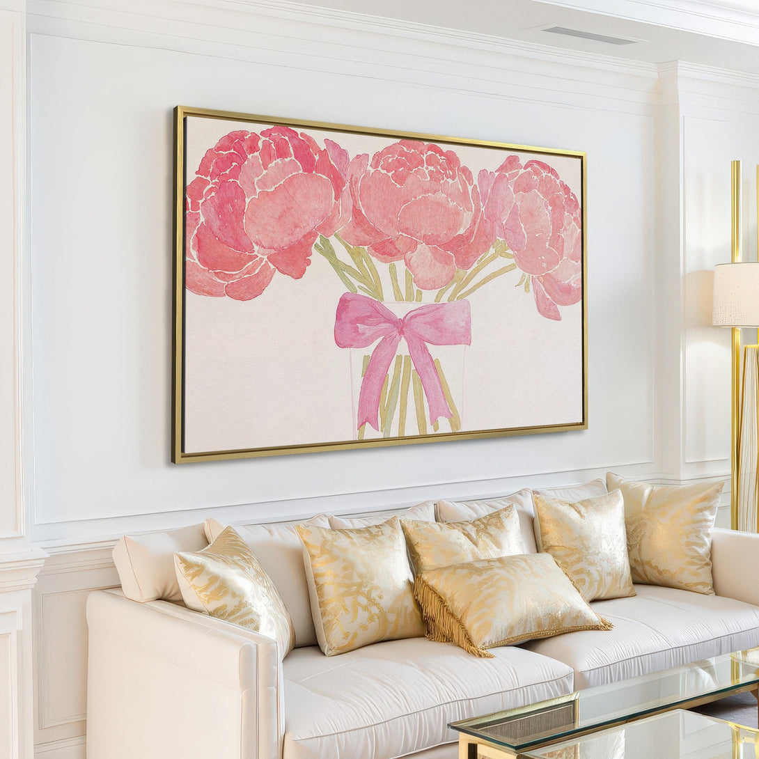 Canvas Print of watercolor peonies in pink hues, adding a touch of elegance to any living room. Shop floral wall art today!