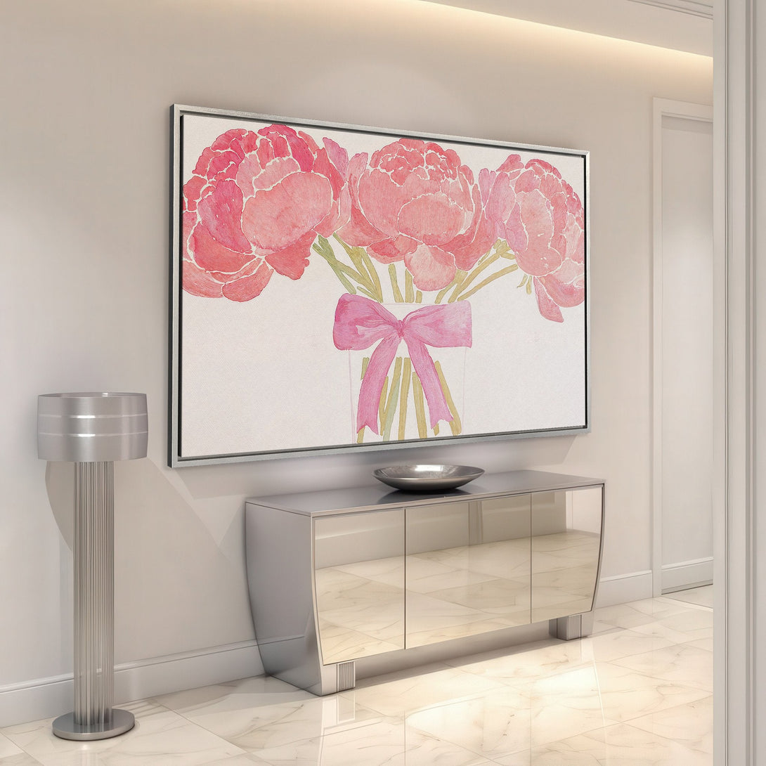 Framed Wall Art featuring watercolor peonies in pink tones. Adds a touch of elegance to any space. Shop our Canvas Print collection today!