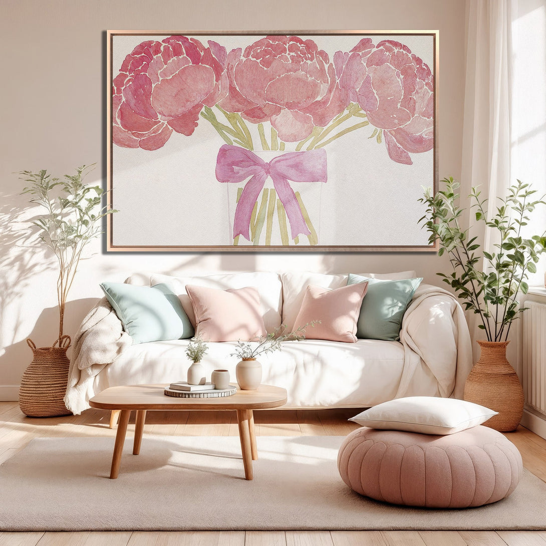 Framed Wall Art featuring watercolor peonies in pink hues, displayed in a cozy, neutral-toned living room. Perfect for adding a touch of floral elegance.
