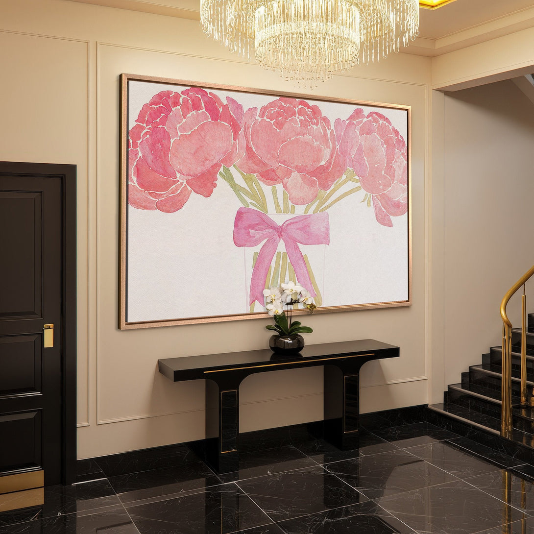 Framed Wall Art featuring watercolor peonies in pink hues. Elegant floral art for a touch of sophistication. Perfect for home decor.