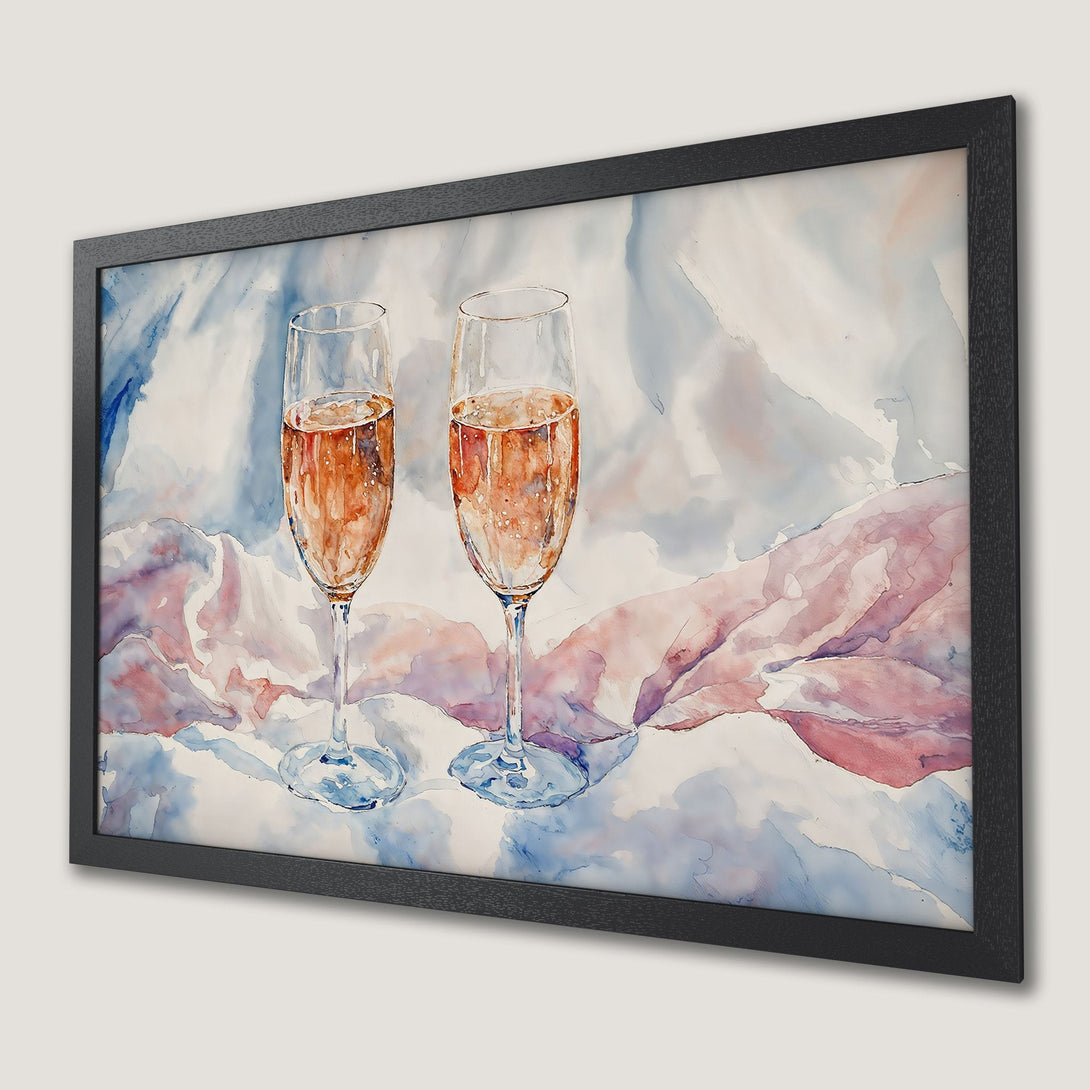 Framed Poster featuring watercolor champagne glasses, soft pink & blue tones, perfect for elegant decor.