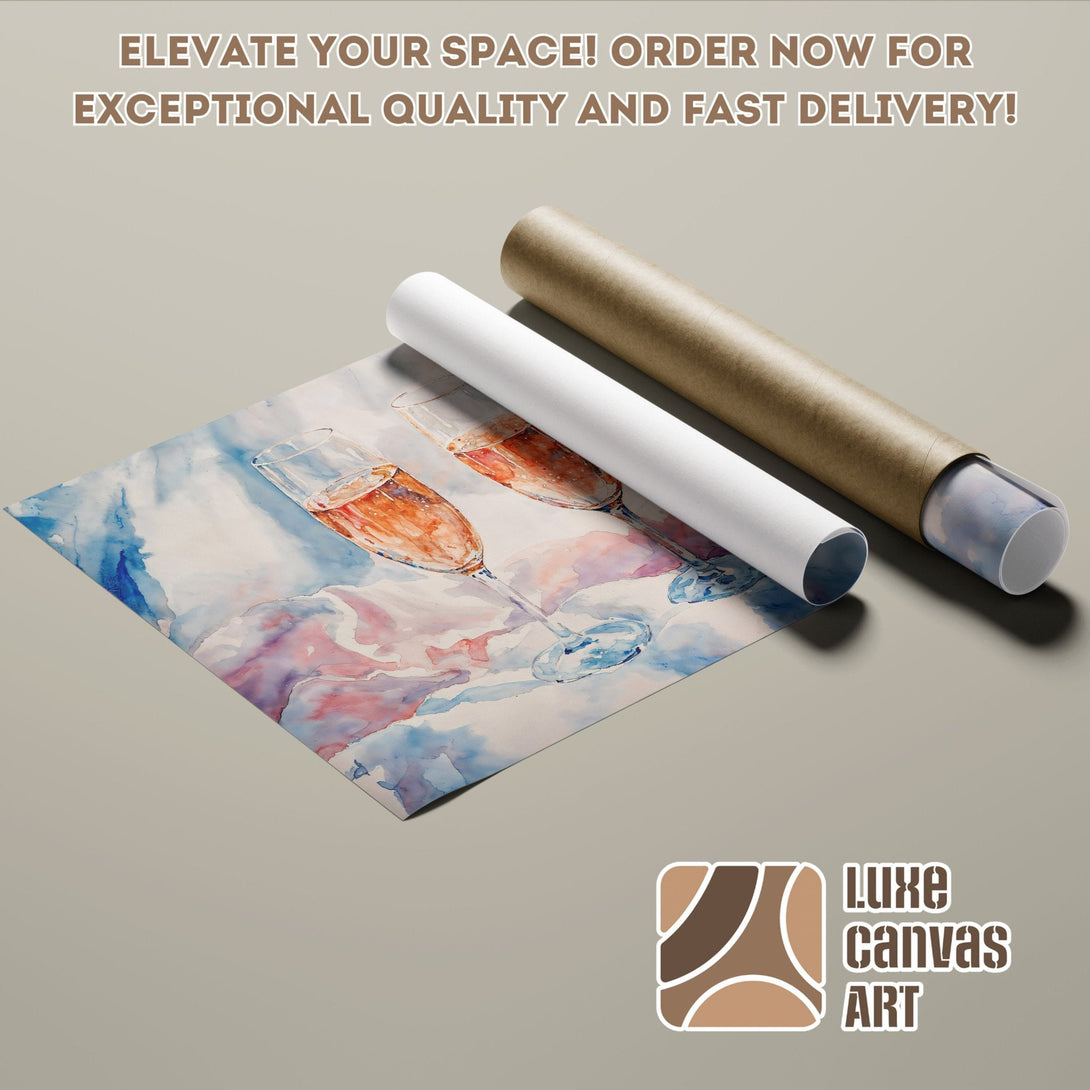 Watercolor Poster Roll featuring champagne glasses, blue & pink hues. Elevate your space with Luxe Canvas Art!