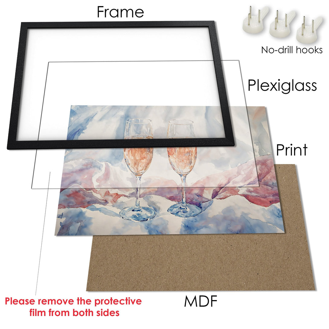 Framed Poster featuring watercolor champagne glasses. Soft, dreamy style with a blue, pink, and white color palette. Perfect wall art!